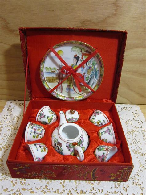 Vintage 9 Piece Chinese Miniature Tea Set In Original Brocade Red Box ...