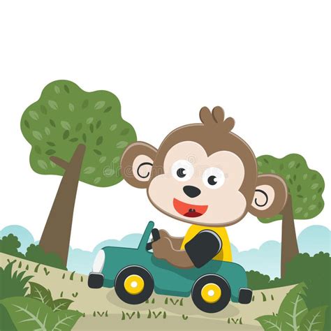 Cute Monkey Driving a Car Go To Forest Funny Animal Cartoon. Stock ...