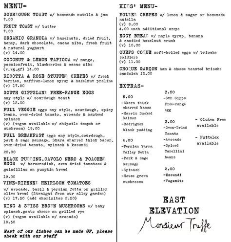 East Elevation menu, Menu restauracji East Elevation, Brunswick, Melbourne - Urbanspoon/Zomato