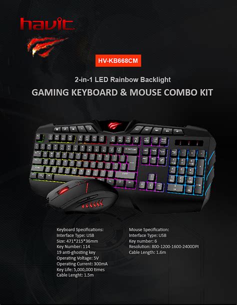 Havit Wired Gaming Keyboard and Mouse Combo, 19 Anti-Ghosting Keys & Rainbow Backlit