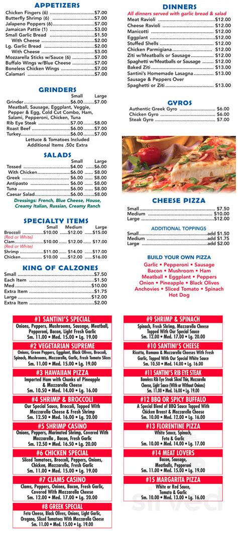 Menu for Santini's Pizza Palace in Ansonia, CT | Sirved