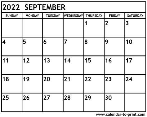 September 2022 Calendar Printable