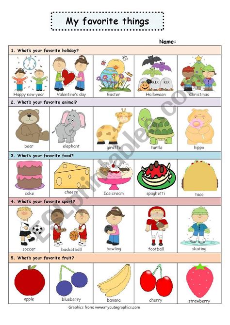 My Favorite Things Printable Worksheet