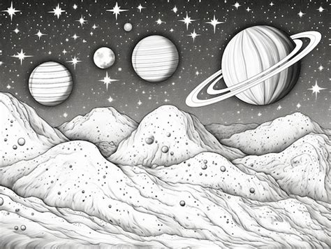 Premium Photo | A black and white drawing of a mountain with planets in the background generative ai