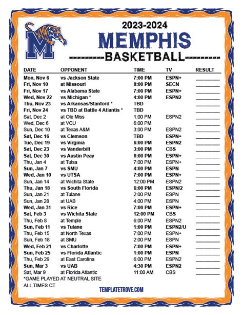 Printable 2023-2024 Memphis Tigers Basketball Schedule