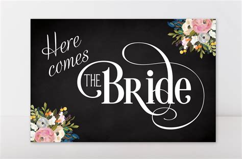 Here Comes the Bride Sign 12 x 8 mixed fonts on chalkboard