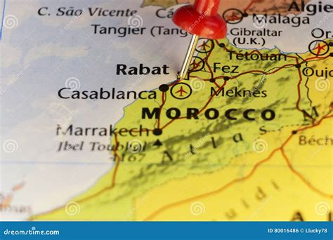 Map of Morocco, Pin on Capitol City Rabat. Stock Photo - Image of space ...