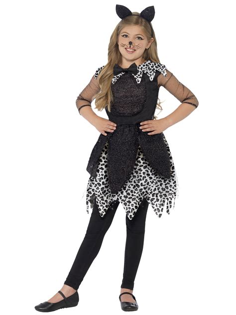 Age 4-9 Girls Deluxe Glittery Black Cat Halloween Costume Kids Child ...