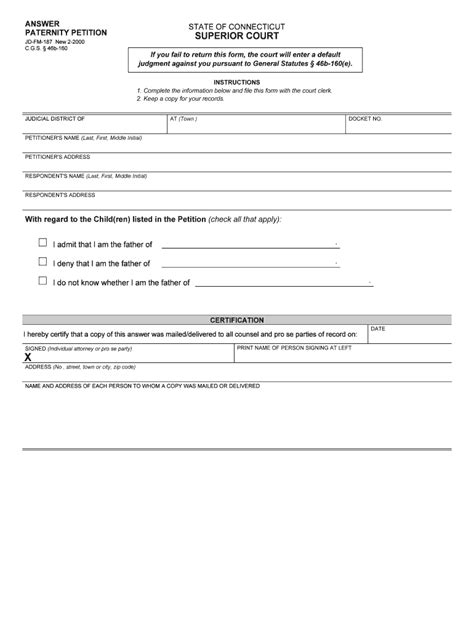 ANSWER PATERNITY PETITION Connecticut Judicial Branch Jud Ct Form - Fill Out and Sign Printable ...