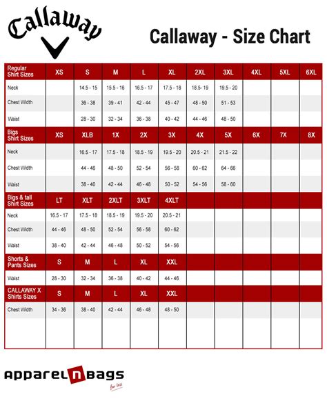 Callaway - Size Chart - ApparelnBags.com