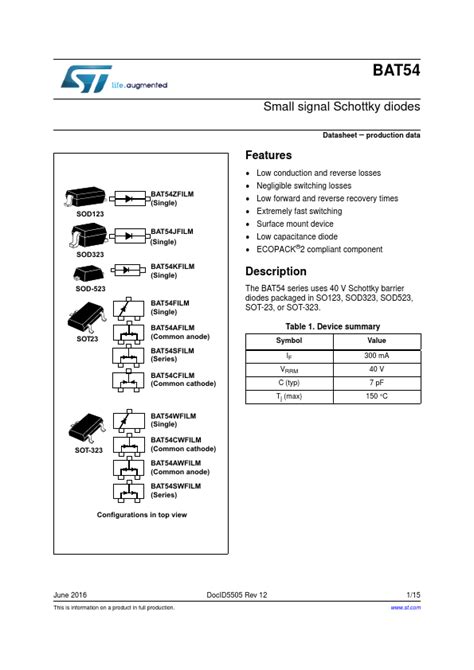 BAT54 Datasheet PDF - Small signal Schottky diodes