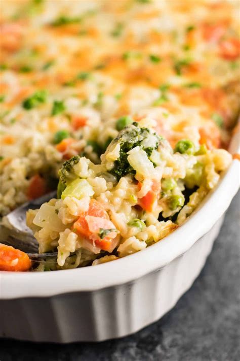 Cheesy, delicious rice and vegetable casserole recipe made with brown rice, cream of ...