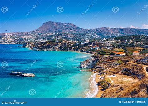 Greek Holidays, Beautiful Kalyves Village with Turquoise Sea in Crete Island, Greece. View of ...