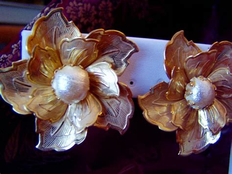 Vintage Large Gold Plated Flower Earrings Clip On from phalan on Ruby Lane