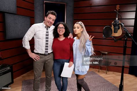 Host Jimmy Fallon with Singer Ariana Grande during a "Fan Surprise ...