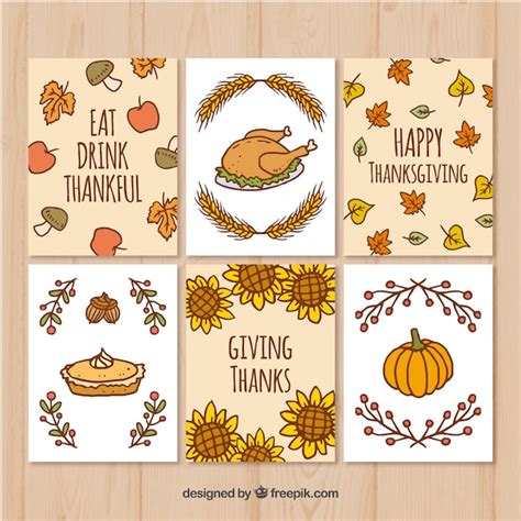 Free Vector | Set of thanksgiving cards with drawings