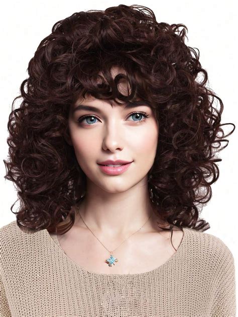 16 Inch Short Women Curly Dark Brown Natural Wig 80s Rockstar Style For Men Ideal For Halloween ...