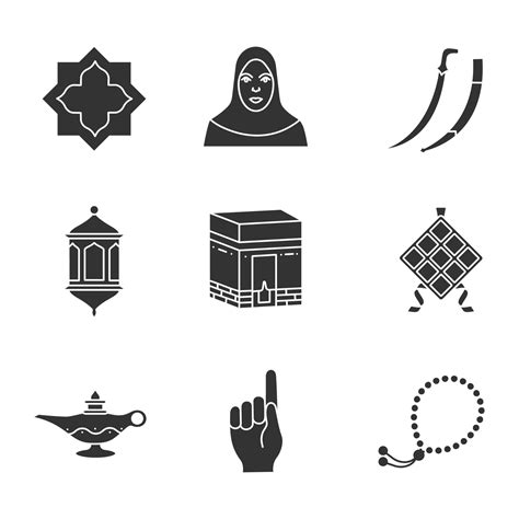 Islamic culture glyph icons set. Islamic star, muslim woman, scimitar ...