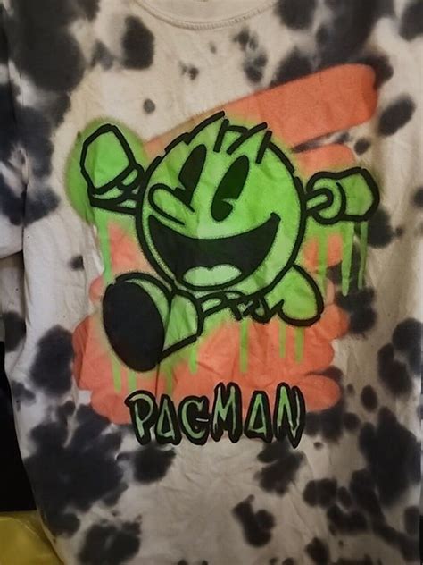 Holiday Gift Sale - Pac Man T Shirt Sz L Graffiti Spray Paint Tie Dye White Black Green 80s Nice ...