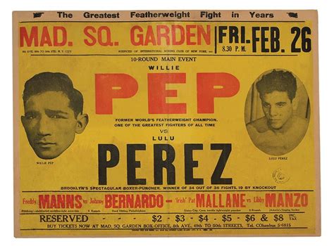 1954 Willie Pep vs. Lulu Perez On-Site Fight Poster