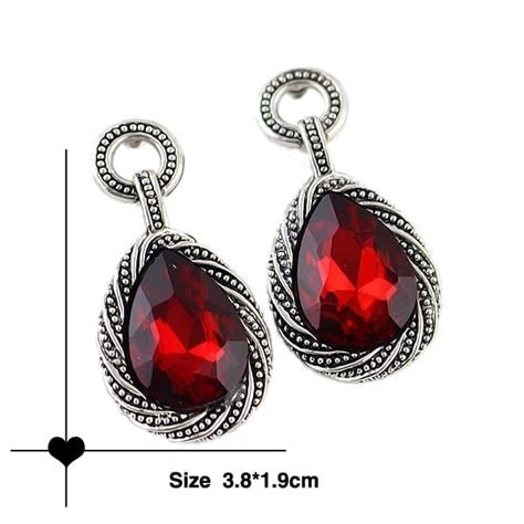 Red Gemstone Silver Drop Dangle Earrings | ROMWE