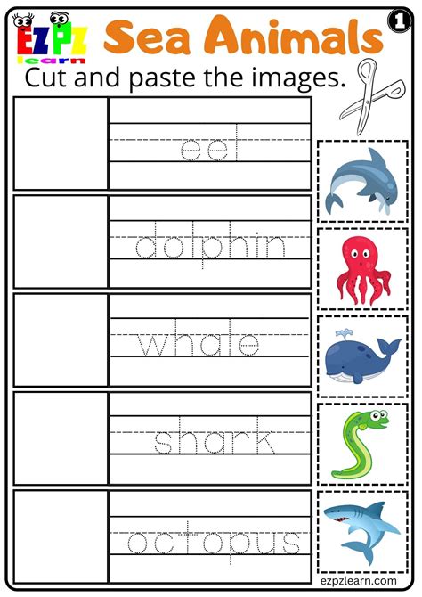 Sea Animals Cut and Paste Worksheet For Kids and ESL Set 1 - Ezpzlearn.com