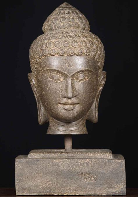 Stone Buddha Head on Stand 20" (#67vc15): Lotus Sculpture