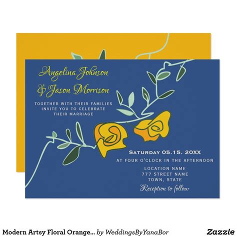 Modern Artsy Floral Orange Yellow & Blue Wedding Invitation Yellow Wedding Invitations, Wedding ...