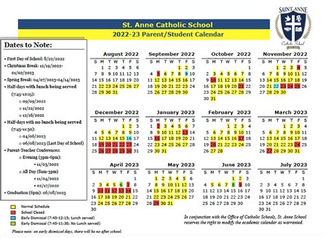 Calendar for St. Anne Catholic School