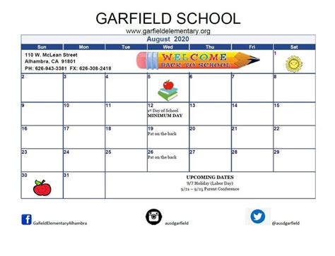 August 2020 Student Calendar | Garfield Elementary School