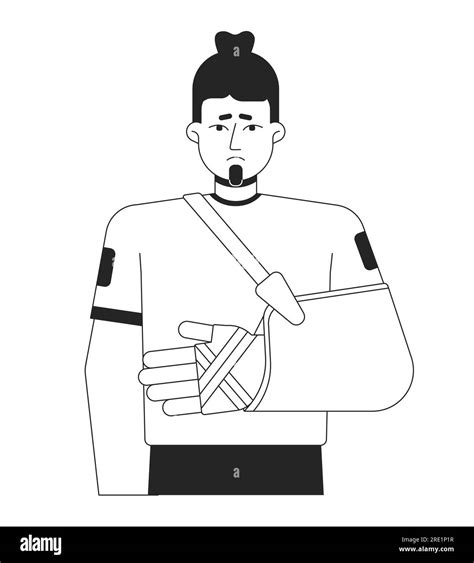 Disappointed man with broken arm flat line black white vector character ...