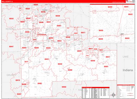 Will County, IL Zip Code Wall Map Red Line Style by MarketMAPS - MapSales