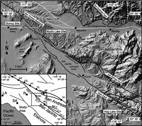 Fault map of the San Jacinto Valley area showing the location of the... | Download Scientific ...