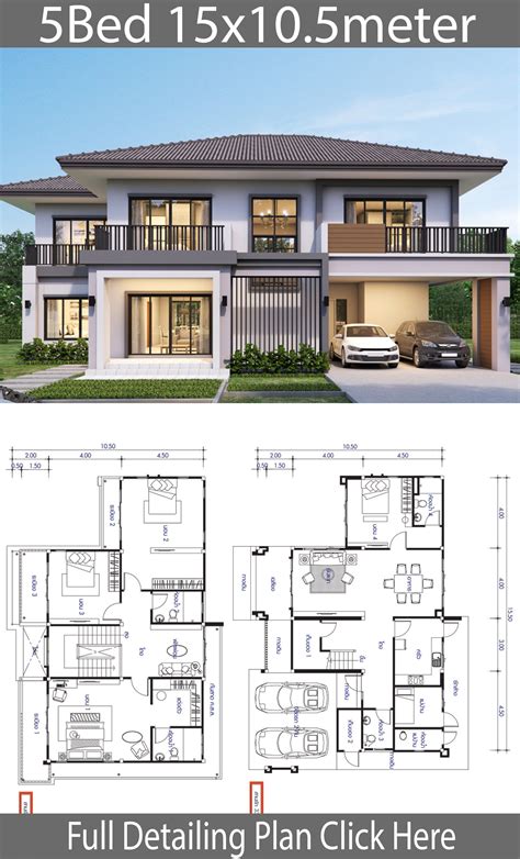 House Design Plan 15.5x10.5m With 5 Bedrooms. Style Modernhouse 37E | Double storey house plans ...