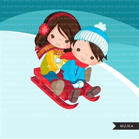 Winter sledding Kids Clipart Bundle, cute outdoors graphics tobogganin ...