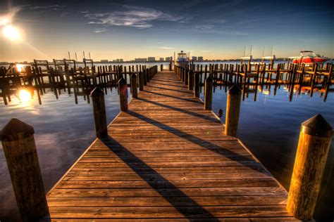 pier harbor walkway sunset seaside sea ocean 4k HD Wallpaper