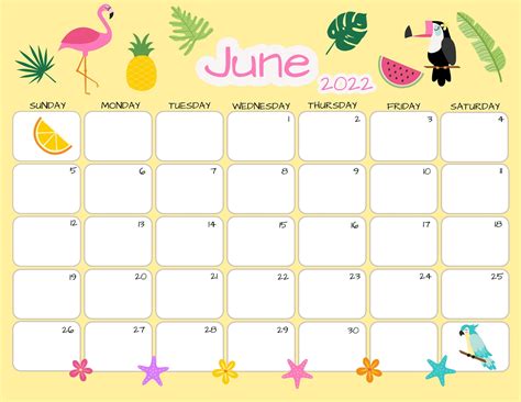 June Calendar June 2022 Printable Calendar Tropical Summer - Etsy