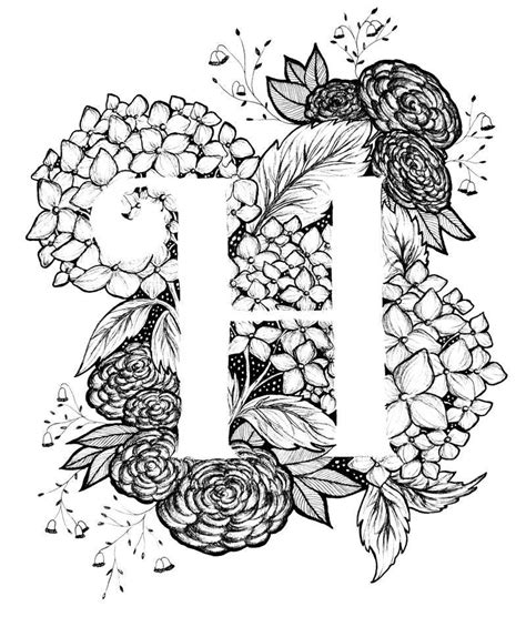 Letter H Print Alphabet, Calligraphy, Typography, Monogram, Flowers Black and White Ink Art ...