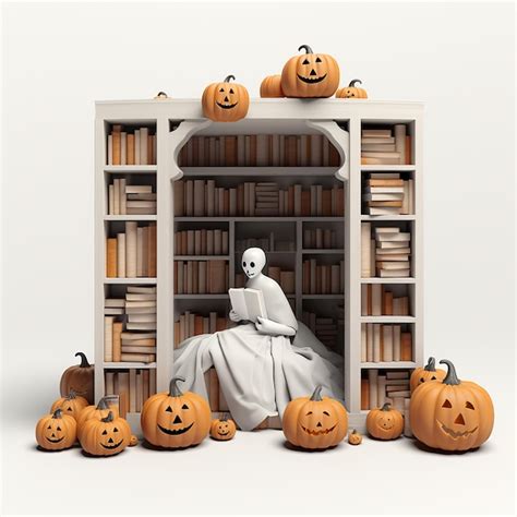 Premium AI Image | spooky sticker white background of a ghost reading a book between tall book ...