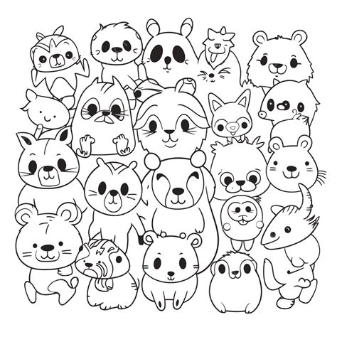 Group Of Cute Animals Can Be Drawn On A Black Background Outline Sketch Drawing Vector, Animal ...