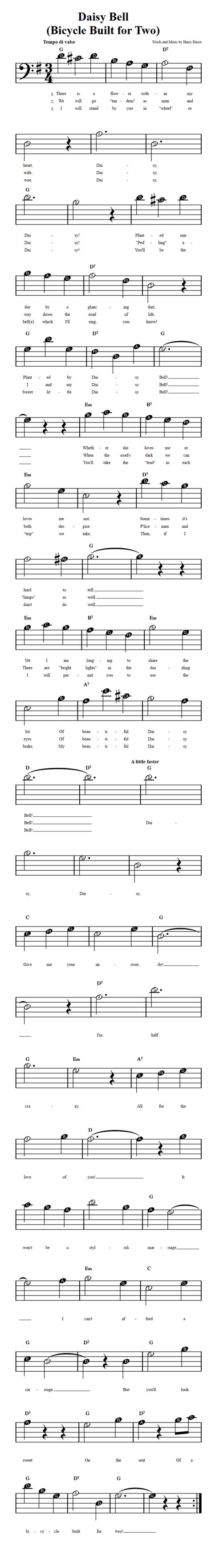 Daisy Bell: Beginner Bass Clef Sheet Music with Chords and Lyrics