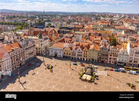 PILSEN, CZECH REPUBLIC, EUROPE - Aerial of buildings on Main Square Pilsen. Namesti Republiky ...