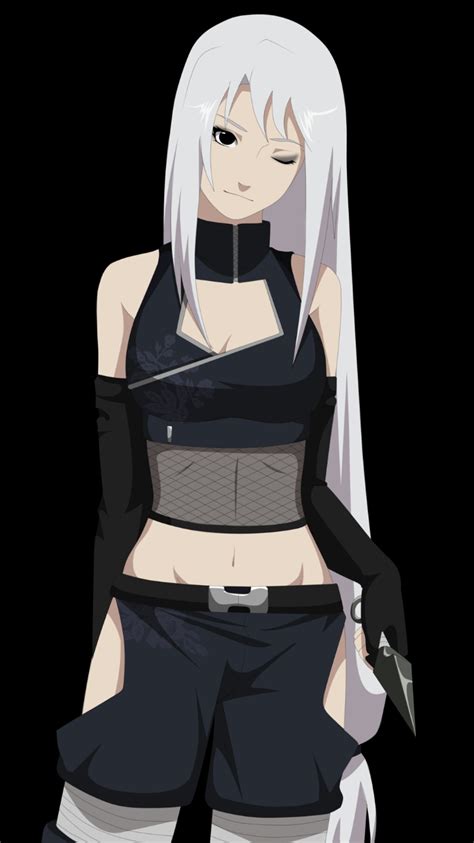 an anime character with white hair and black clothes, holding a knife in her hand