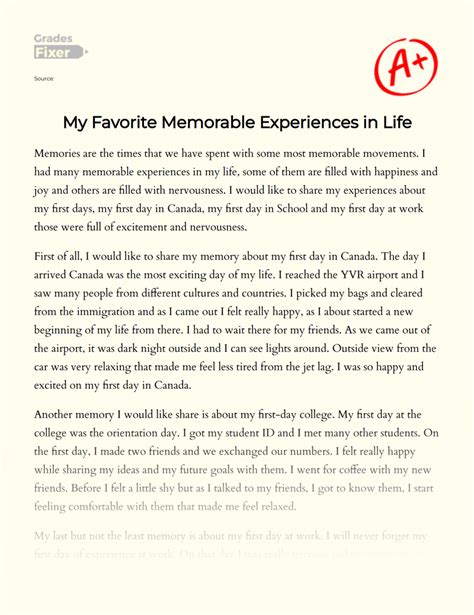 My Favorite Memorable Experiences in Life [Essay Example] by GradesFixer