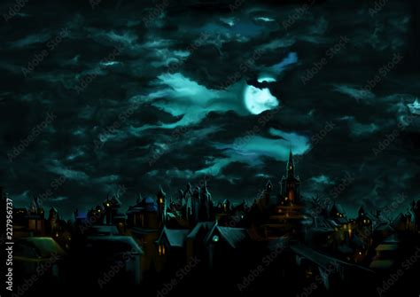 Mystical night over the medieval gothic town/ Illustration a fantasy ...