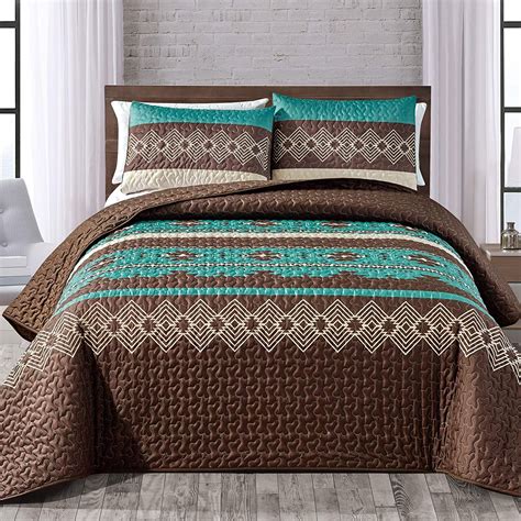 3 Piece Bedspread Set-Teal Brown Southwest Design-King or Queen Size