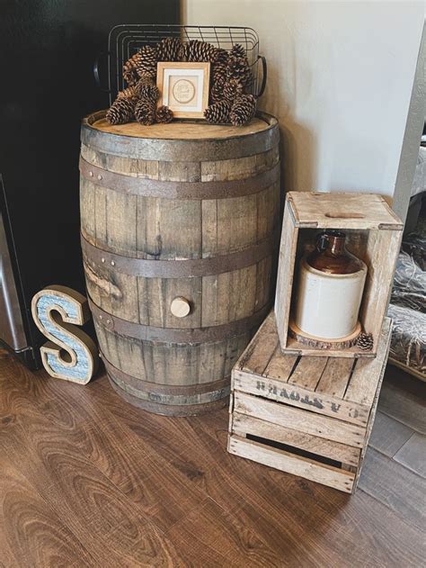 Rustic Barrel Decor | Whiskey Barrel and Vintage Crock