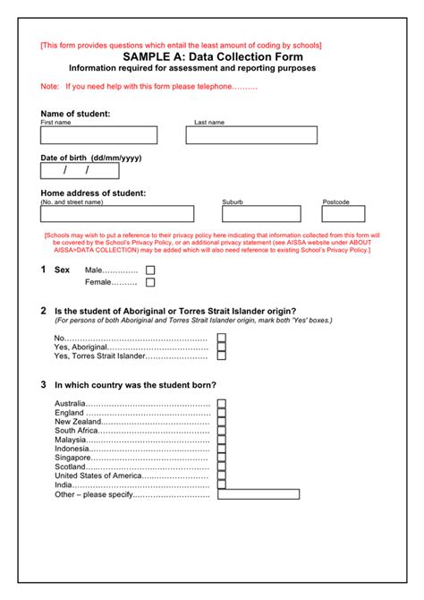 Sample data collection forms (Australia) in Word and Pdf formats - page 2 of 8