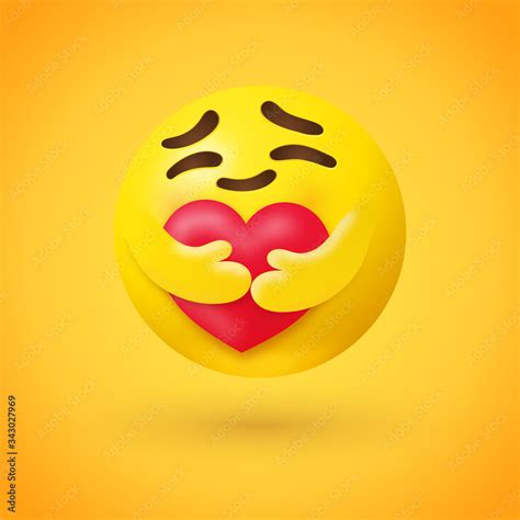 Care emoji - yellow face emoticon with closed eyes hugging a red heart with both hands showing ...