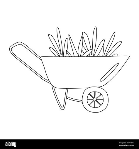 Garden wheelbarrow full of green plants, doodle style flat vector outline illustration for kids ...